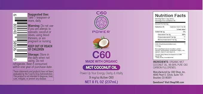 C60 Power C60 in Organic MCT Coconut Oil - Natural Wellness &amp Antioxidant Support for Men &amp Women 99.99% Pure Carbon Fullerenes Promotes Energy Mental Clarity &amp Stamina - 8 fl oz Bottl