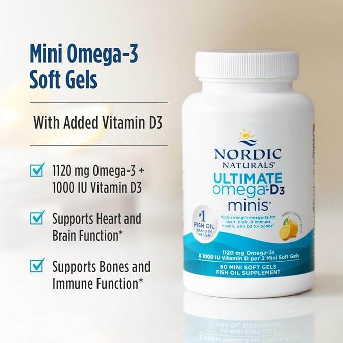 Nordic Naturals Ultimate Omega Mini D3 Lemon Flavor - 60 Mini Soft Gels - 1120 mg Omega-3 + 1000 IU Vitamin D3 - EPA &amp DHA - Promotes Brain &amp Heart Health - 30 Servings