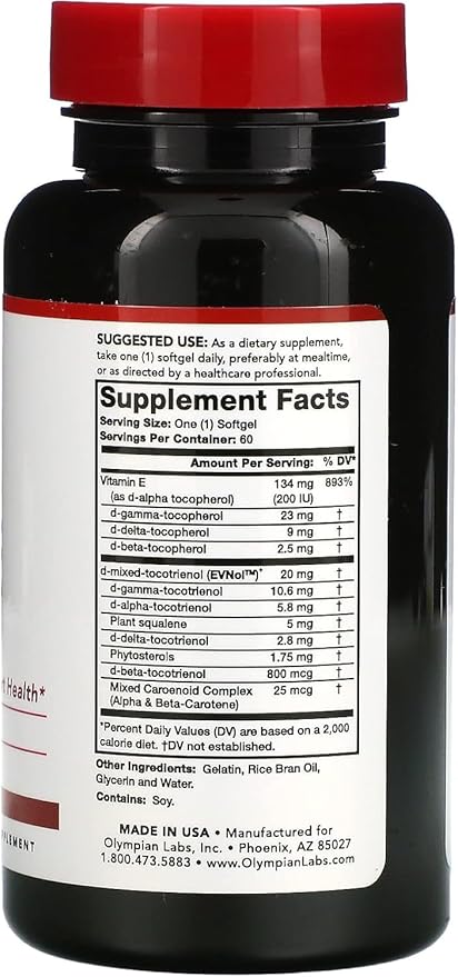 Olympian Labs Vitamin E Complete Tocomin 200IU 60 Softgels Fight Free Radicals Supports Brain Skin &amp Hair 60 Servings