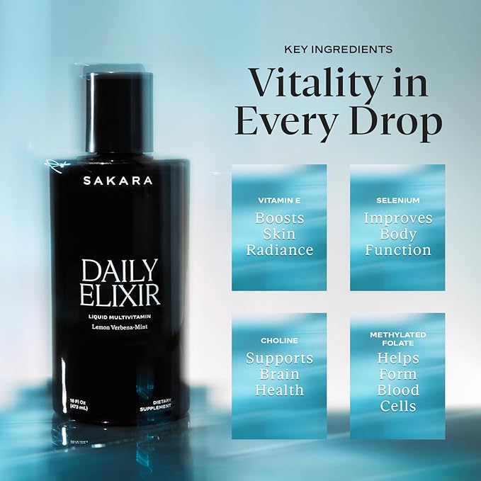 SAKARA Daily Elixir Liquid Multivitamin – High-Absorption Plant-Based Vitamins &amp Minerals for Energy Skin Hair &amp Nail Health with Vitamin E Selenium &amp Folate Sugar-Free Lemon Verbena M