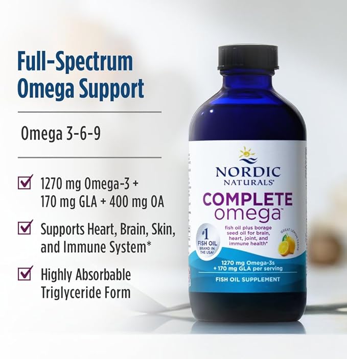 Nordic Naturals Complete Omega Lemon Flavor - 8 oz - 1270 mg Omega-3 - EPA &amp DHA with Added GLA - Healthy Skin Cognition Positive Mood - Non-GMO - 48 Servings