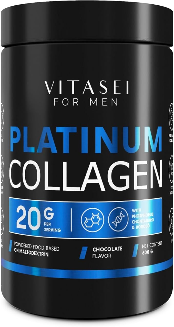 VITASEI Hydrolyzed Collagen Powder for Men - BCAA Enriched with Borojo &amp Chontaduro - Protein Powder Supplement for Enhanced Workouts Muscle Energy - Zero Sugar &amp Chocolate Flavored - 21 oz