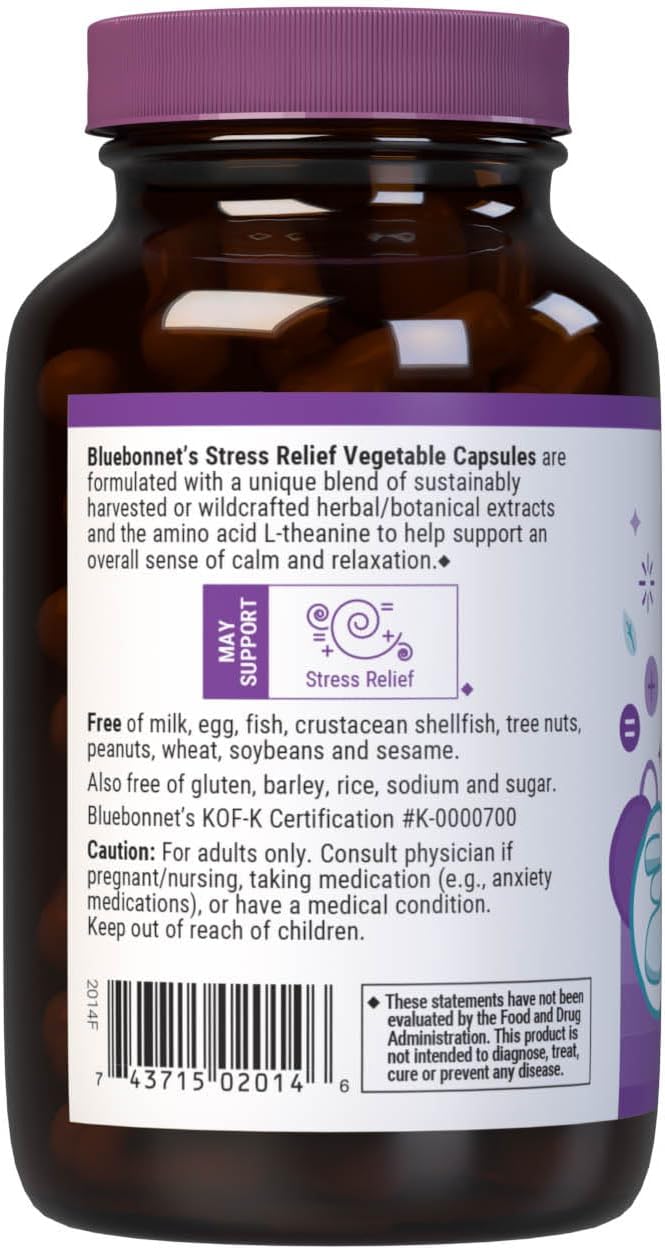 BlueBonnet Targeted Choice Stress Relief Whole Food Based Ashwagandha Extract L-Theanine Lemon Balm Rhodiola Relaxing Calm Mood Supplement for Women &amp Men - Non-GMO Vegan - 60 Vegetable Capsul