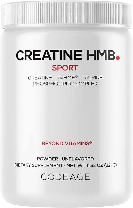 Codeage Creatine HMB+ Powder - Creatine Monohydrate Taurine myHMB Supplement Vitamin D3 - Sports Support Supplement - Liposomal Delivery - Non-GMO Unflavored - 11.32 oz