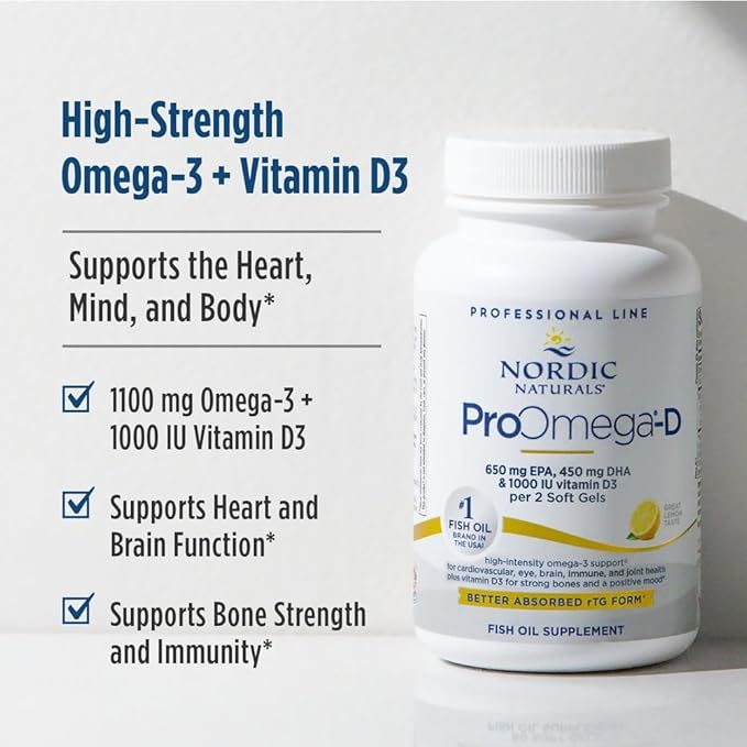 Nordic Naturals ProOmega-D Lemon Flavor - 120 Soft Gels - 1280 mg Omega-3 + 1000 IU D3 - High-Potency Fish Oil - EPA &amp DHA - Brain Eye Heart &amp Immune Health - Non-GMO - 60 Servings
