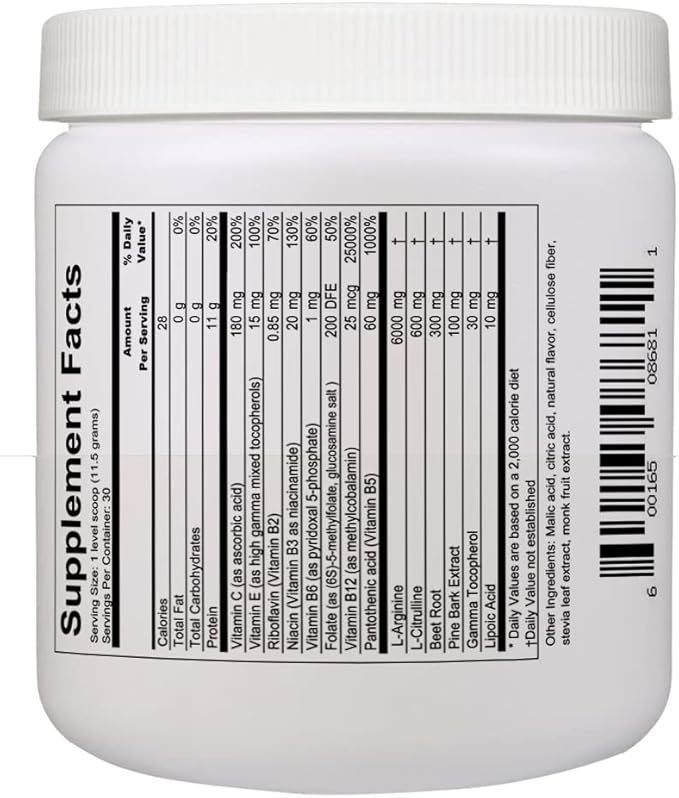 Arginine HGE Drink Mix 6000mg Arginine 600mg Citrulline + Cofactors. 30 Servings - Natural Sugar Free Formula