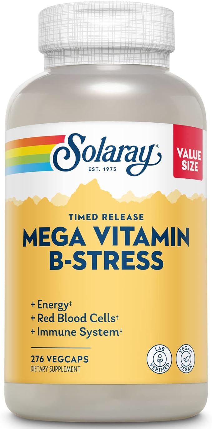 SOLARAY Mega Vitamin B-Stress - Timed Release Vitamin B Complex w/Vitamin B12 B6 Folic Acid VIT. C - Stress Energy Red Blood Cell Immune Support - Vegan 60-Day Guarantee (276 CT)