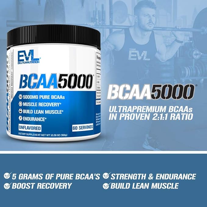 Evlution EVL BCAAs Amino Acids Powder - BCAA Powder Post Workout Recovery Drink and Stim Free Pre Workout Energy Drink Powder - 5g Branched Chain Amino Acids Supplement for Men - Unflavored Powder