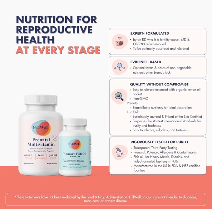 FullWell Women's Prenatal Lemon Essence Essentials - Women's Prenatal Multivitamin &amp Fish Oil - Supports Maternal Health &amp Fetal Development - Omega 3 DHA Folate &amp Choline - 30 Servings