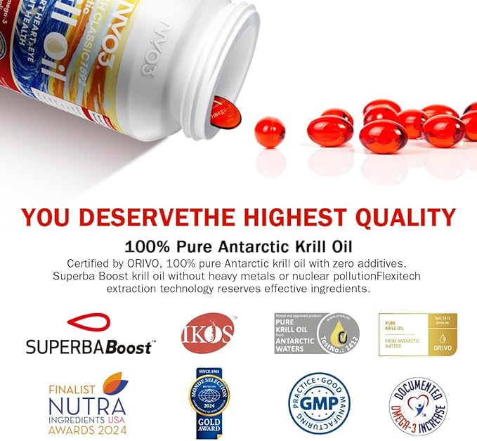 NYO3 Pure Antarctic Krill Oil Omega 3 Supplement Beyond Fish Oil with Choline &amp Antioxidant Astaxanthin for Heart Brain GMP Third Party Tested No Fishy Burps - 425mg 30 Softgels
