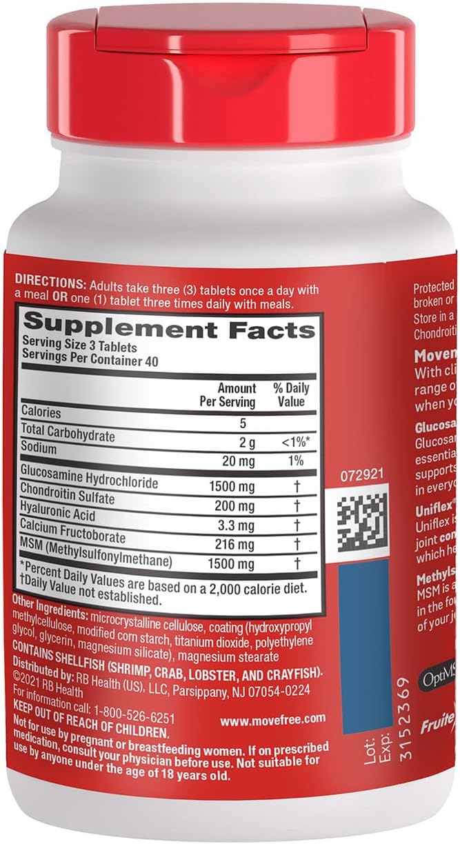 Move Free Advanced Glucosamine Chondroitin MSM Joint Support Supplement Supports Mobility Comfort Strength Flexibility &amp Bone 120 Tablets/40 Servings (8 Pack)