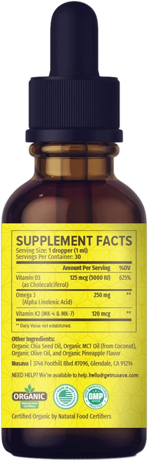 (2 Pack) Organic Vitamin D3 K2 Drops with MCT Oil Omega 3 Maximum Strength Vitamin D Liquid 5000 IU No Fillers Non-GMO Liquid D3 for Faster Absorption and Immune Support (Pineapple 2 Fl Oz)