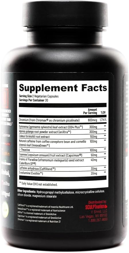 Sculpt Nation by V Shred Burn Thermogenic Fat Burner for Men &amp Women - Daytime Fat Burner Metabolism Booster - Premium Capsimax Cayenne Pepper Chromax Patented Ingredients - 60 Natural Veggie Pi