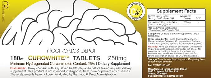 Nootropics Depot CuroWhite Curcumin Extract Tablets | 250mg (180 Count)