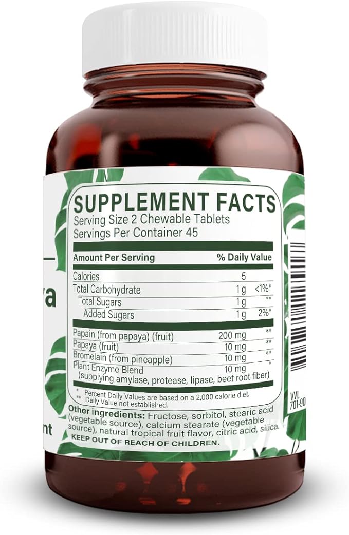 Natural Nutra Papaya Chewable Enzymes for Digestion and Body Cleanse - Supports Digestive Health Ease Gastrointestinal Discomfort - Nutrient Absorption and Reduces Bloating - 90 Vegan Tablets