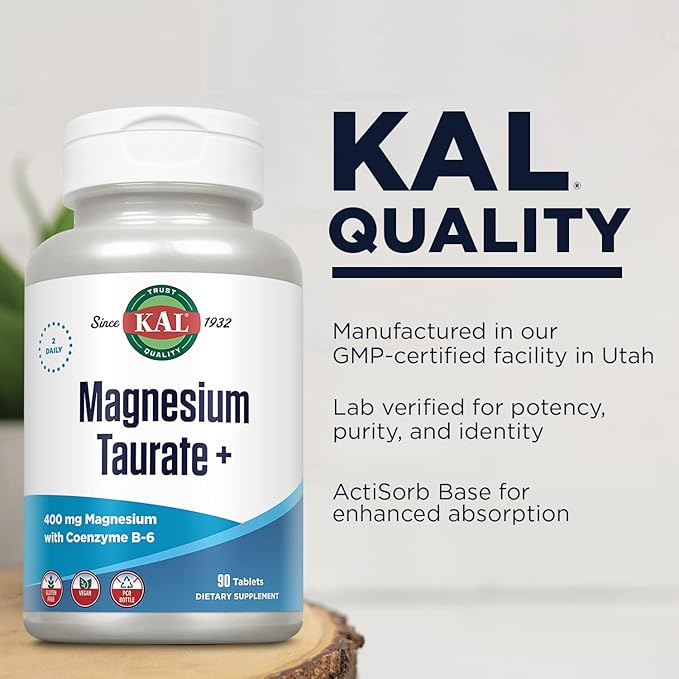 KAL Magnesium Taurate 400mg Plus CoEnzyme Vitamin B6 Chelated Magnesium Supplement Healthy Muscle Function Nerve and Heart Health Support Gluten Free Vegan 60-Day Guarantee 45 Serv 90 Tablets