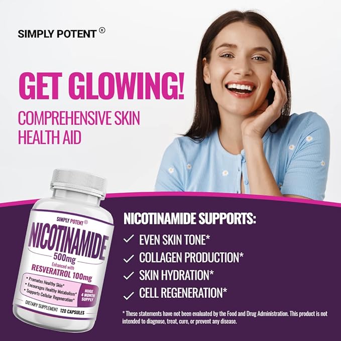 Simply Potent Nicotinamide 500mg with Resveratrol 100mg - 120 Veggie Capsules - Vitamin B3 Supplement Pills to Support NAD Skin Cell Health &amp Energy