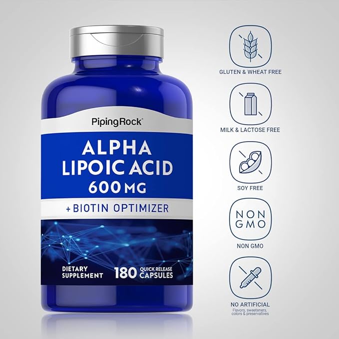 Piping Rock Alpha Lipoic Acid 600mg | 180 Capsules | Plus Biotin Optimizer | ALA Supplement | Non-GMO Gluten Free