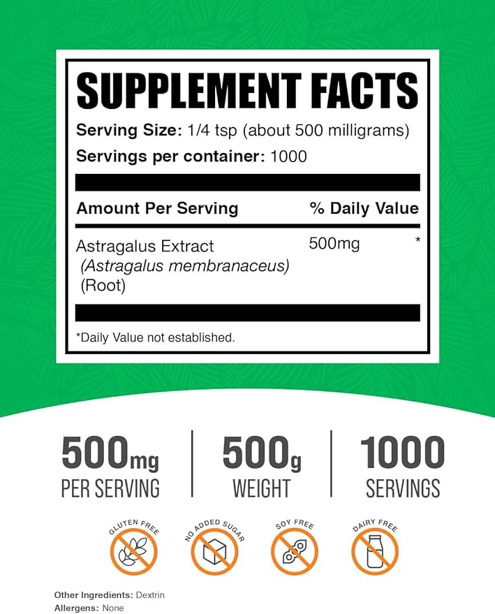 BulkSupplements.com Astragalus Extract Powder - Astragalus Root Powder Herbal Supplement - Vegan &amp Gluten Free 500mg per Serving 500g (1.1 lbs) (Pack of 1)