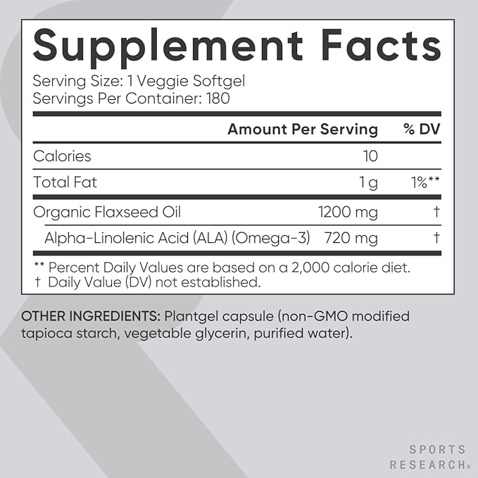 Sports Research Vegan Flaxseed Oil (1200mg) Herbal Supplement with Plant-Based ALA Omega 3 - Vegan Certified &amp Non-GMO Verified - Gluten Soy &amp Carrageenan Free (180 Veggie Softgels)