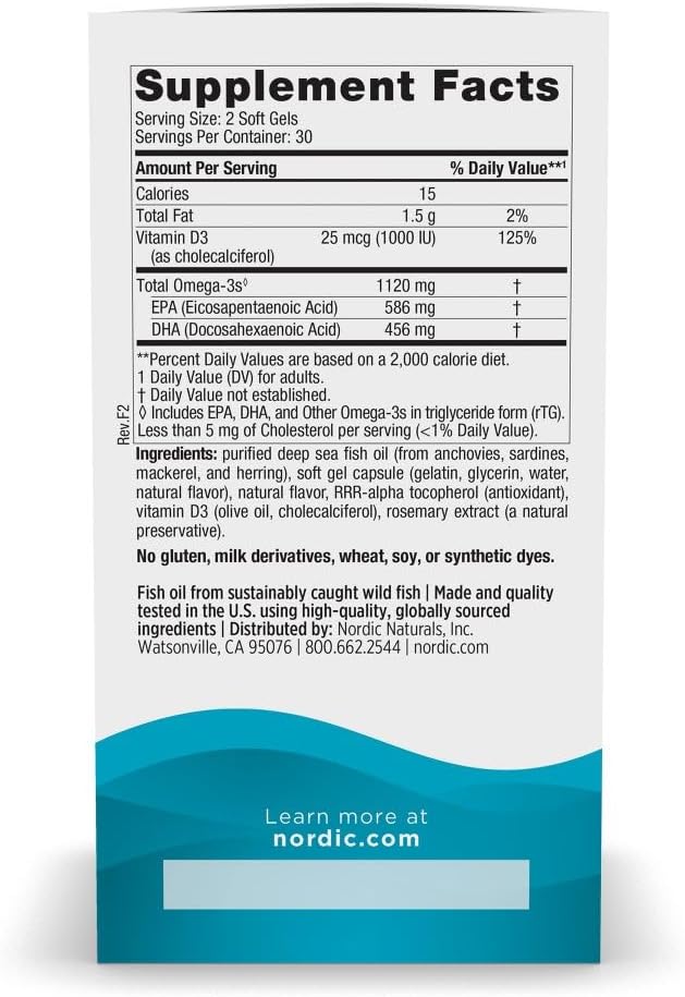 Nordic Naturals Ultimate Omega Mini D3 Lemon Flavor - 60 Mini Soft Gels - 1120 mg Omega-3 + 1000 IU Vitamin D3 - EPA &amp DHA - Promotes Brain &amp Heart Health - 30 Servings