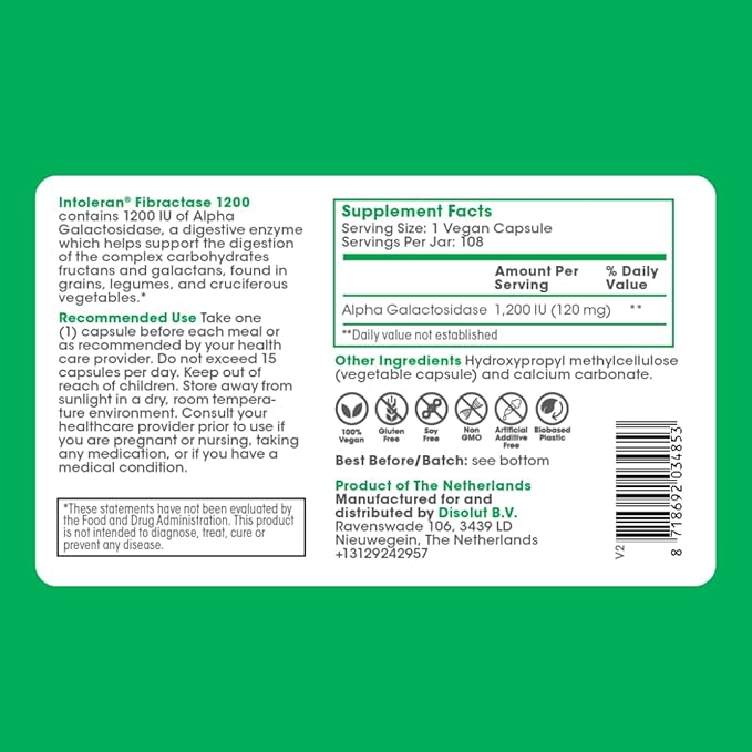 Intoleran Fibractase 1200 Digestive Enzymes - 108 Capsules | Supplement for Fructans &amp Galactans Intolerance | Helps Digest Carbohydrates Grains Legumes Onion Garlic &amp wheats | Pure and Ve