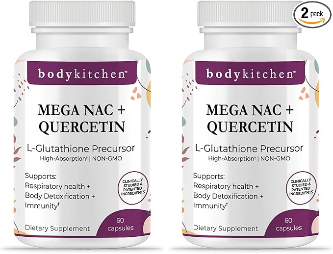Body Kitchen Mega NAC (N-Acetyl Cysteine) 600 mg with Quercetin Supports Respiratory Health and Immune Function and Promotes Liver and Kidney Detox Veggie Caps (Pack of 2)