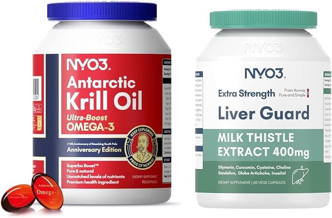 Krill Oil Omega 3 Supplement 1000mg and Milk Thistle Liver Detox Supplement 400mg 2 Pack