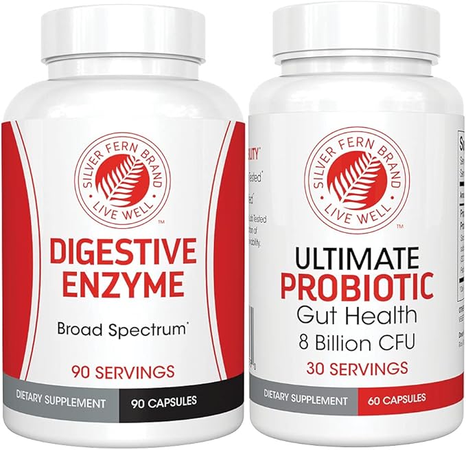 Silver Fern Brand Gut Health Tune Up Kit - Multi Function Ultimate Probiotic (1 Bottle - 60 Capsules) &amp Digestive Enzyme (1 Bottle = 90 Capsules) Helps Digestive Health Mood Reduce Cravings