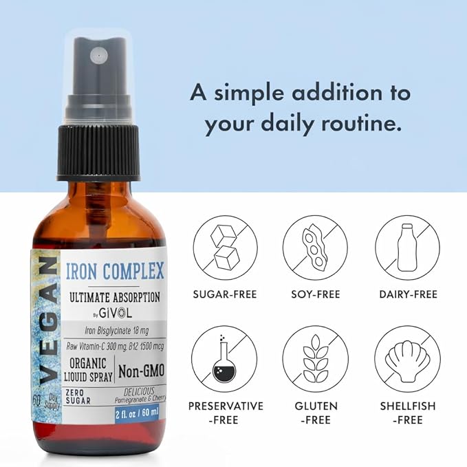 Iron Supplement - 18mg Bisglycinate Complex with Vitamin C &amp B12 Liquid Spray Easy Absorption - Non-GMO Sugar-Free 2 Fl Oz (60 ml) - 60 Days Supply