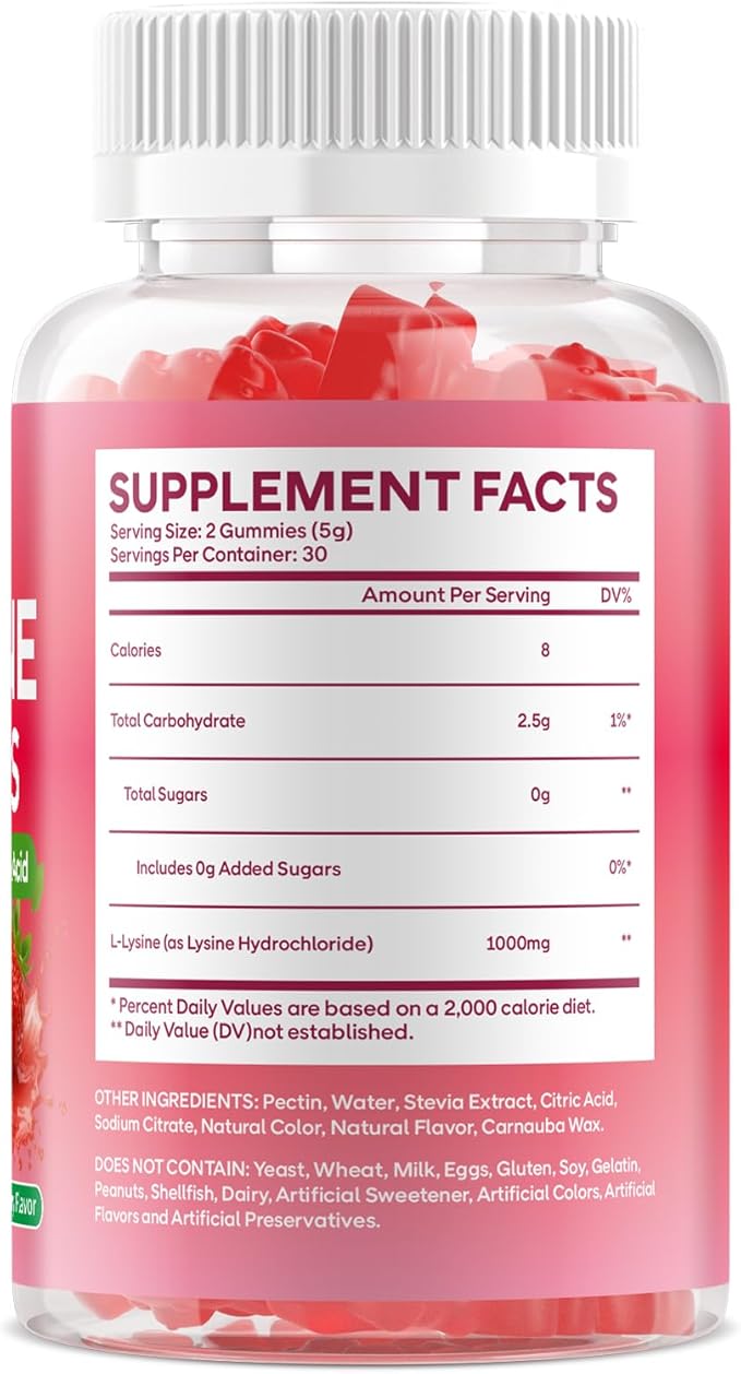 2 Pack L-Lysine Gummies 1000mg L-Lysine Supplement for Adults &amp Kids Essential Amino Acid Supplement for Lips &amp Oral Health Immune Support Strawberry Flavor 120 Count