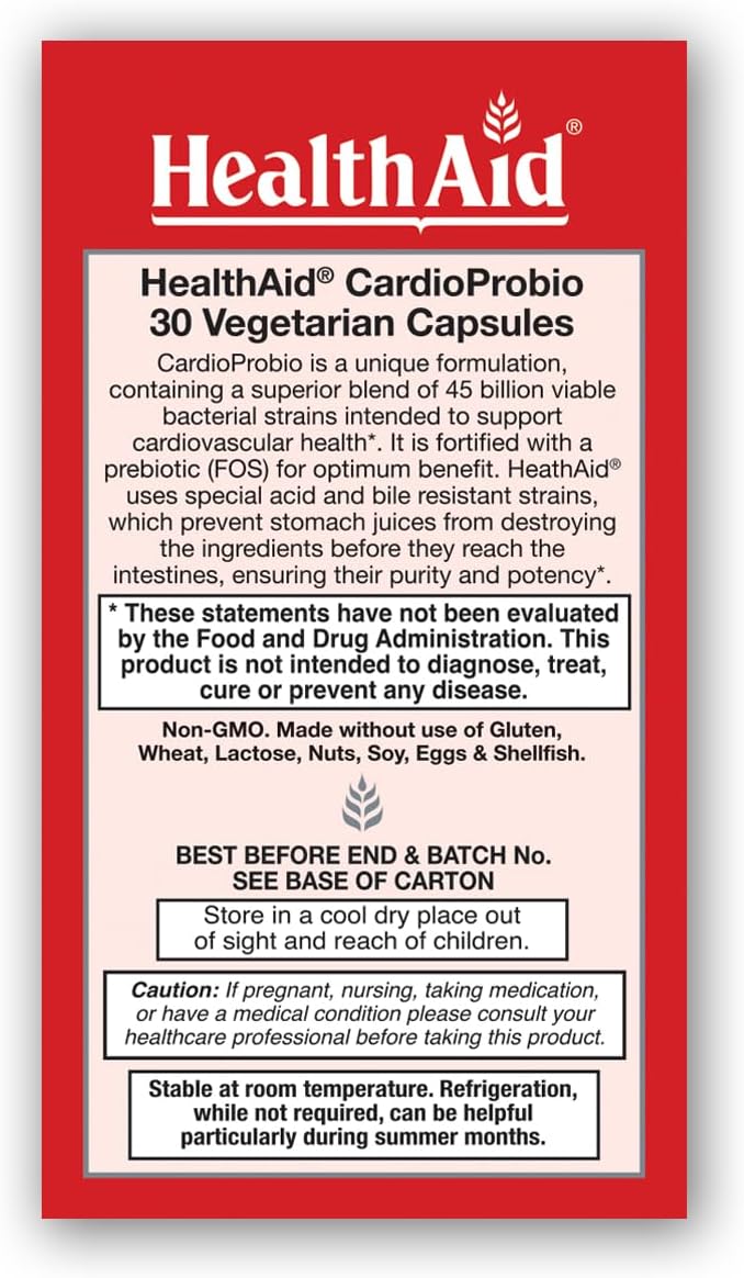 HealthAid CardioProbio Gut-Heart Probiotic – 45 Billion CFU 12 Strains + Prebiotic – Supports Digestive Health &amp Cardiovascular Wellness – Acid &amp Bile Resistant Vegetarian – 30 Capsules*