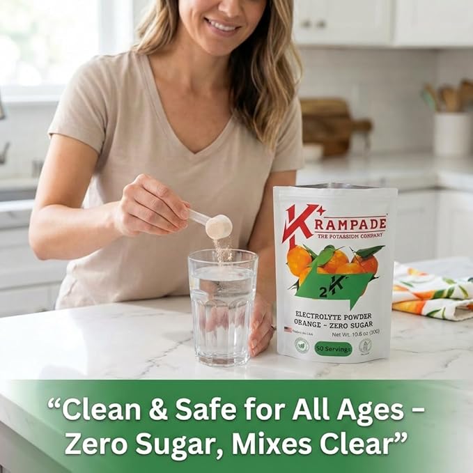 Krampade High Potassium Electrolytes Powder Zero Sugar Orange 4180mg Electrolytes 2000mg Potassium Cramp Relief &amp Prevention Cellular Hydration Better Endurance &amp Recovery Keto 50 Servi