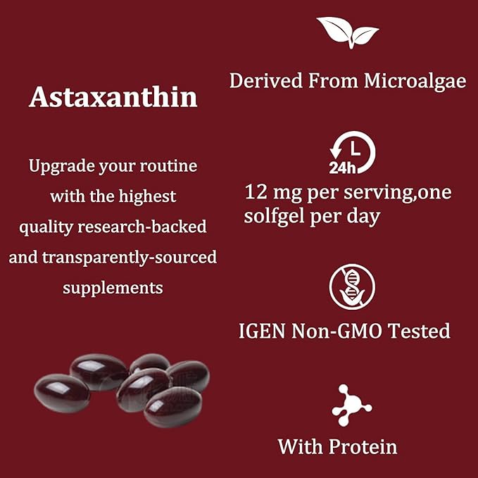 Astaxanthin 12mg Natural Antioxidant Supports Immune Fresh Microalgae for Skin Eye and Internal Circulation Health 120 Softgels (01 01#)