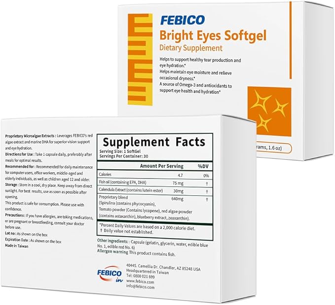 Eye Health Support Supplement – Daily Vision Care with Lutein &amp Omega-3 30 Softgels FEBICO