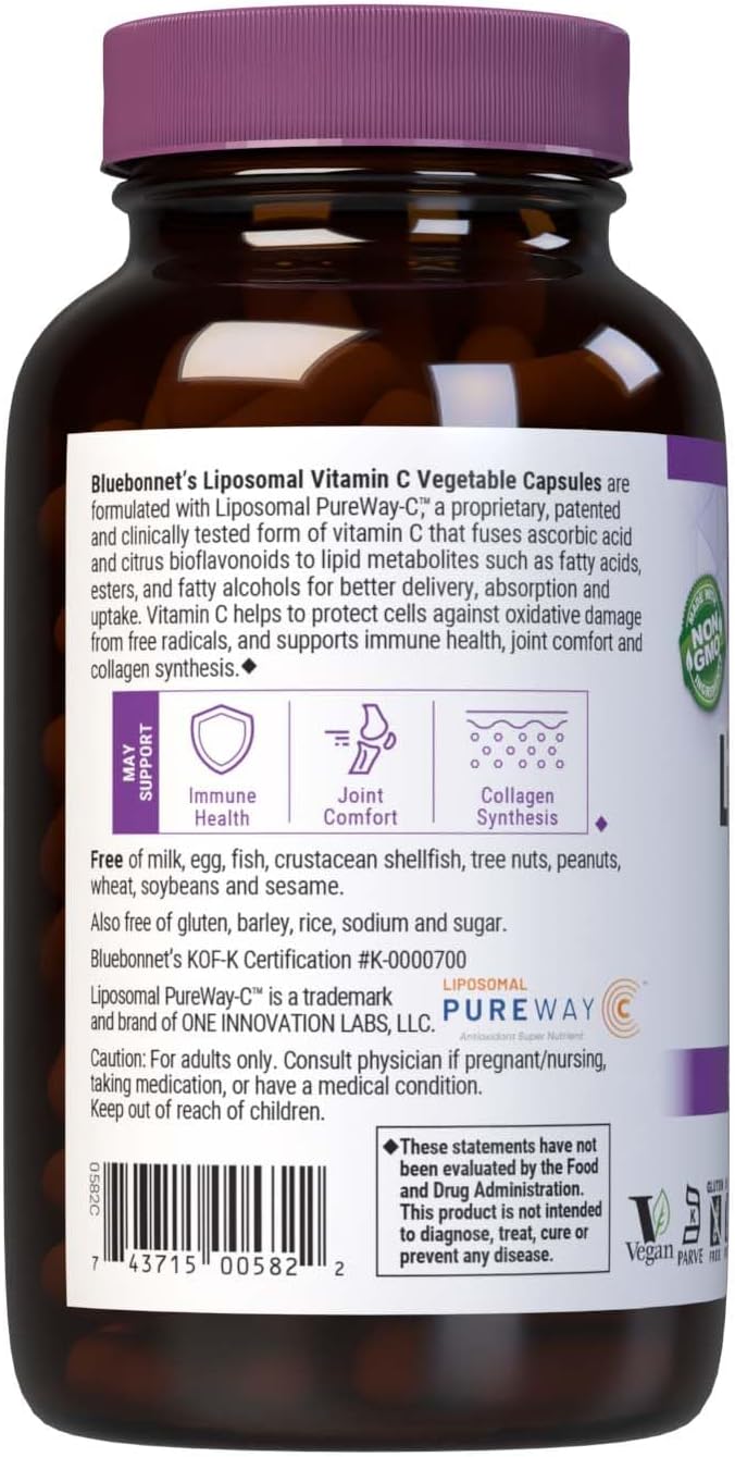 BlueBonnet Nutrition Liposomal Vitamin C 1000 mg Made with Sunflower Oil Immune &amp Joint Comfort* Vegan Kosher Non-GMO Gluten-Free Soy-Free Milk-Free 180 Vegetable Capsules 90 Servings