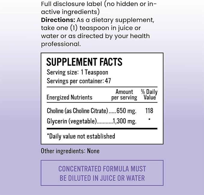 Alkaline for Life Essential Choline Citrate Liquid Choline Supplement 650 mg Choline per 1 Teaspoon 47 Servings Concentrated Formula Simple Ingredient Panel Dilute Before Use