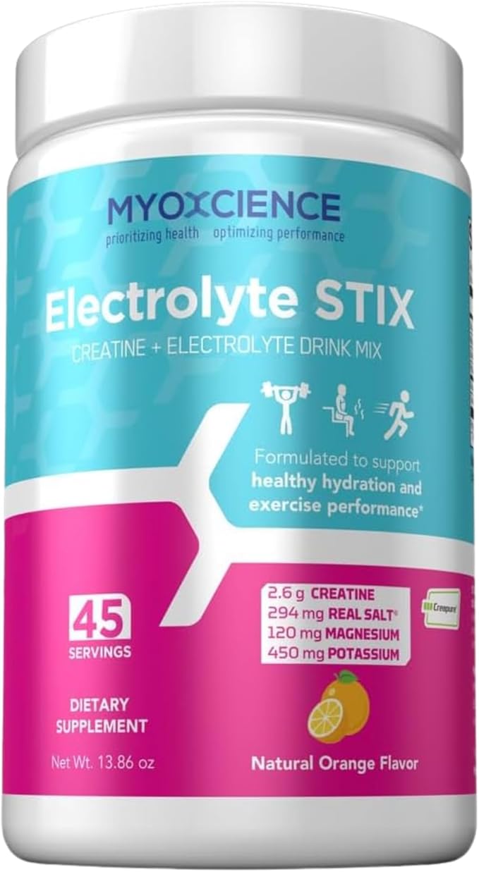 MYOXCIENCE Electrolyte STIX | Creatine Electrolyte Powder | Recovery from Exercise &amp Muscle Development w/Real Salt (Natural Orange Flavor) (Jar 45 ct)