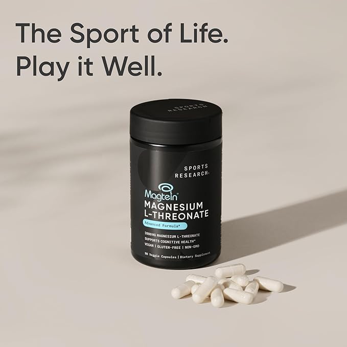 Sports Research® Magnesium L-Threonate Capsules 2000mg - High-Absorption Magtein® for Enhanced Brain Health Memory Focus &amp Restful Sleep Support - Vegan · Non-GMO · Gluten Free - 90 Count