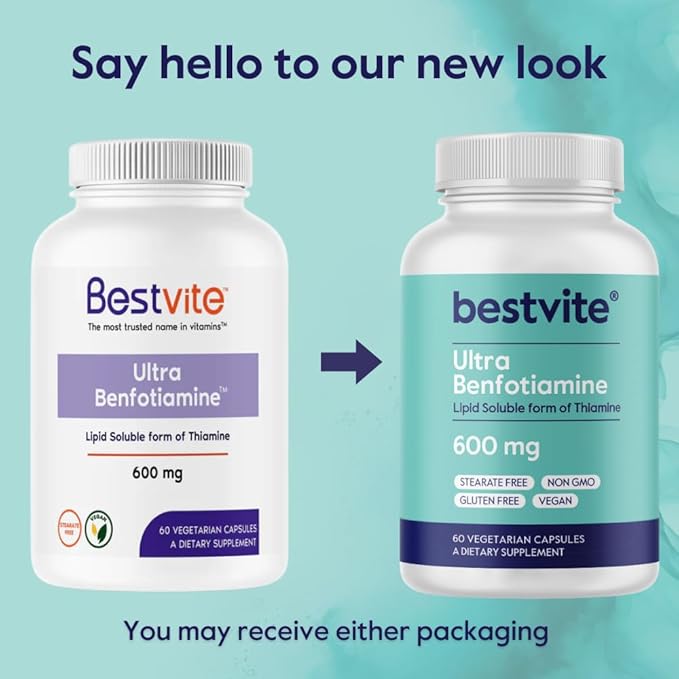 BESTVITE Ultra Benfotiamine 600mg per Capsule (120 Vegetarian Capsules) (60x2) No Stearates - No Silicon Dioxide - Vegan - Non GMO - Gluten Free - Maximum Strength Benfotiamine