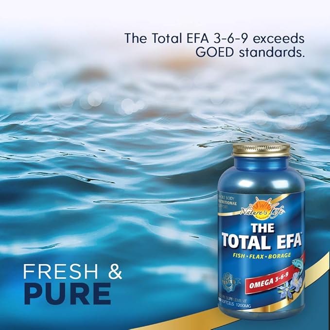 Nature's Life The Total EFA Fish Oil w/Organic Flaxseed &amp Borage Oils | 1200 mg | Skin Heart &amp Memory | 180 Softgels