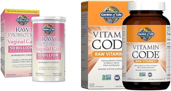 Garden of Life Vaginal Probiotic 50 Billion CFU + Vitamin Code 500mg Vitamin C 120 Veggie Capsules Bundle
