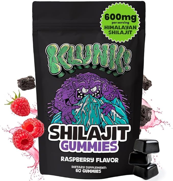KLUNK! Shilajit Gummies for Men 600mg per Serving Organic Himalayan Shilajit Natural Vegan Supplement for Energy &amp Stamina Support Raspberry Flavor 60 Gummies 30-Day Supply