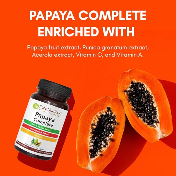 Pure Nutrition Papaya Complete | 120 Caps | Carica Papaya Leaf Extract with Iron VIT C VIT A &amp Folic Acid | Supports Platelet Immunity &amp Digestion Non-GMO | Gluten-Free