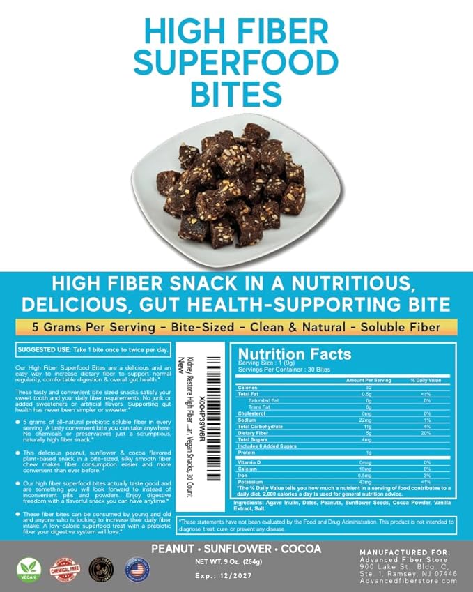 High Fiber Superfood Bites 5g Clean Fiber Snacks for Adults Peanut Cocoa Date Flavor High Fiber Foods No Added Sugar Vegan Fiber Snack Supports Digestion Regularity Gut Health Snack 30 Count