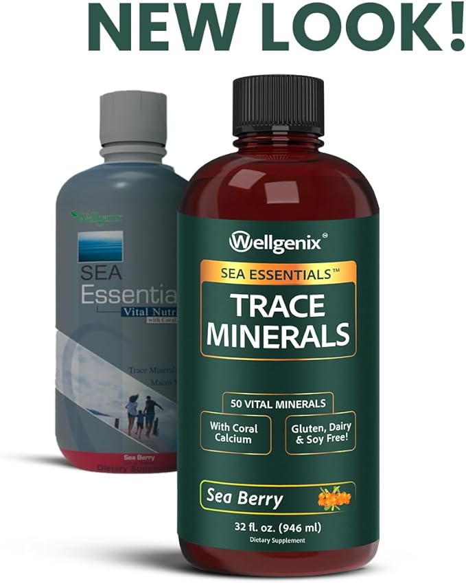 Wellgenix Sea Essentials Vital Nutrients - Coral Calcium Liquid Multivtamin - Adults &amp Kids Daily Supplement - Nutritional Sea Vegetation Mineral Drink - Sea Berry Flavor 32oz (3) (Packaging May V