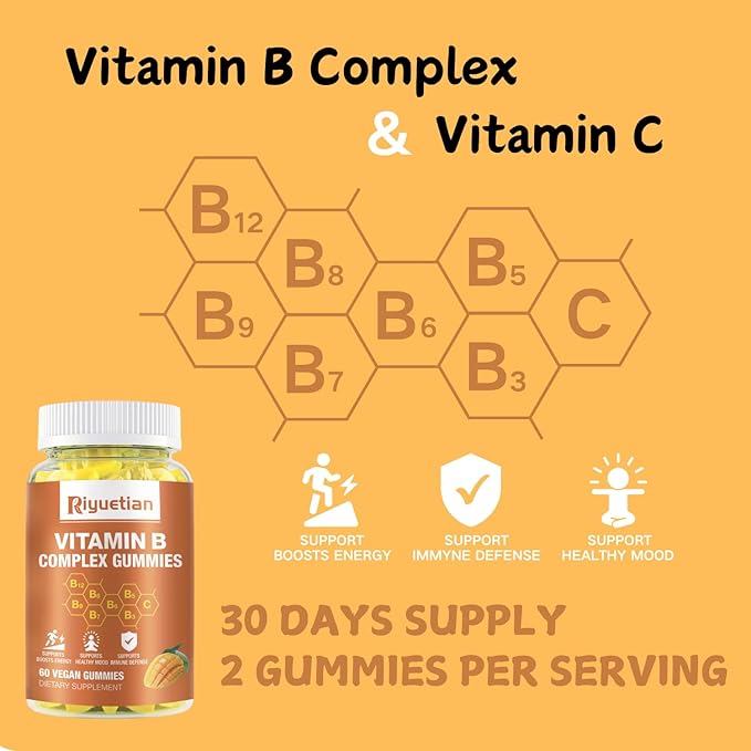 Vitamin B Complex Gummies with BiotinCholine + Inositol Vitamin C + Zinc for Supports Energy Brain Mood Immune Healthy Hair Skin - Natural Mango Flavor - Vegan Diet - 120 Vegan