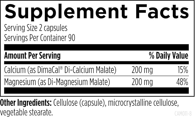 Designs for Health Cal/Mag 1:1-200mg Chelated Magnesium Malate + 200mg Calcium Malate Supplement - Non-GMO Highly Absorbable Bone Support Nutrients (180 Capsules)