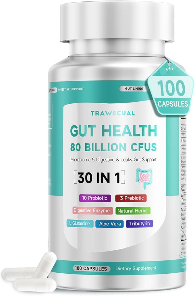 Gut Health Capsule Supplement Supports Microbiome Leaky Gut and Digestion with 80 Billion CFU Probiotics Prebiotics Digestive Enzymes 30-in-1 Gut Health Supplement 100 Capsules