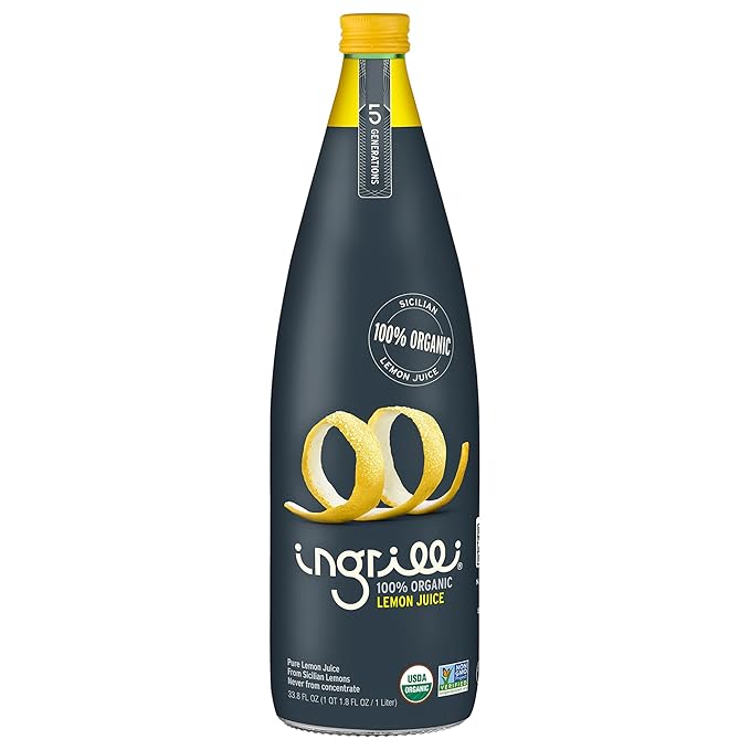 Ingrilli 100% Organic Lemon Juice 33.8 Fl Oz Glass Bottle (Pack of 6)